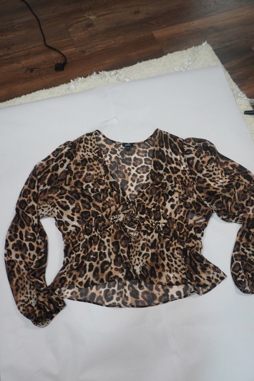 Express Leopard Print Sheer Chiffon Ruffle Tie Waist Blouse L